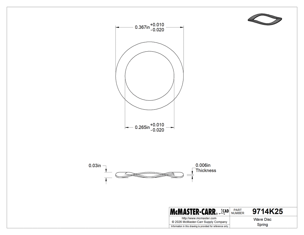Technical Drawing of Wave Disc Spring, Corrosion-Resistant, 0.265" ID, 0.367" OD, 0.006" Thick.
